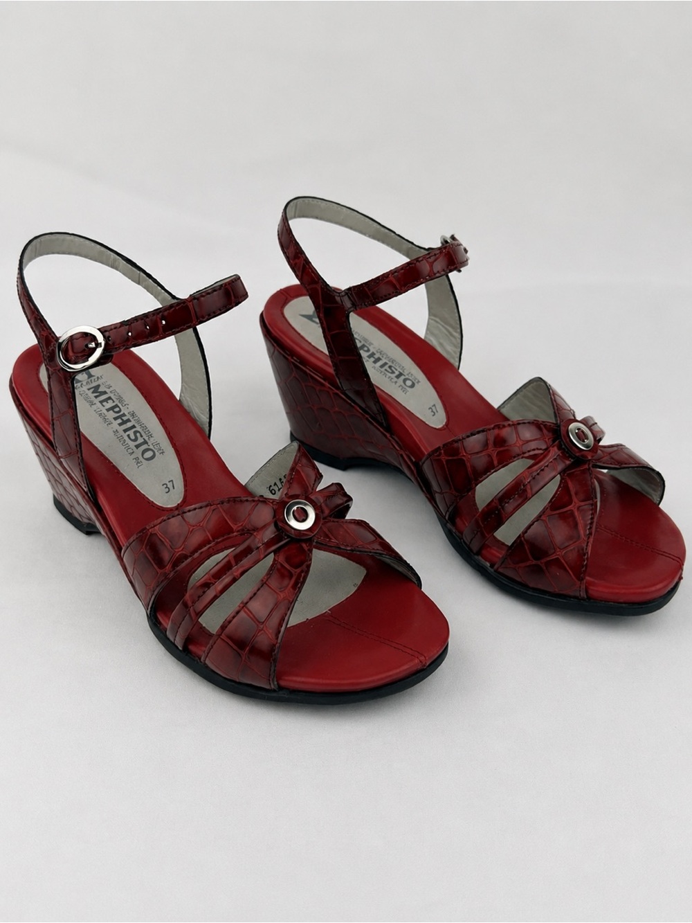 Mephisto Red Croc Embossed Leather Wedge Sandals Ankle Strap US 7  EU 37